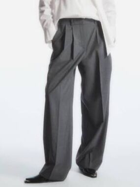 Massimo Dutti Wide-Leg Pleated Dress Pants - Charcoal Gray